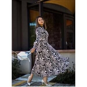 H&M x Richard Allan Black White Geometric Pattern Flowy Midi Dress SZ 12